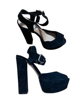 Steve Madden Black Suede Platform Block Heels with Ankle Buckle Size 6.5